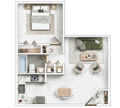 A top-down view of a bedroom with a bed, nightstand, and a table with a green cushion.